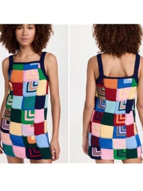 RE/DONE Colorful Patchwork Crochet Knit Mini Dress